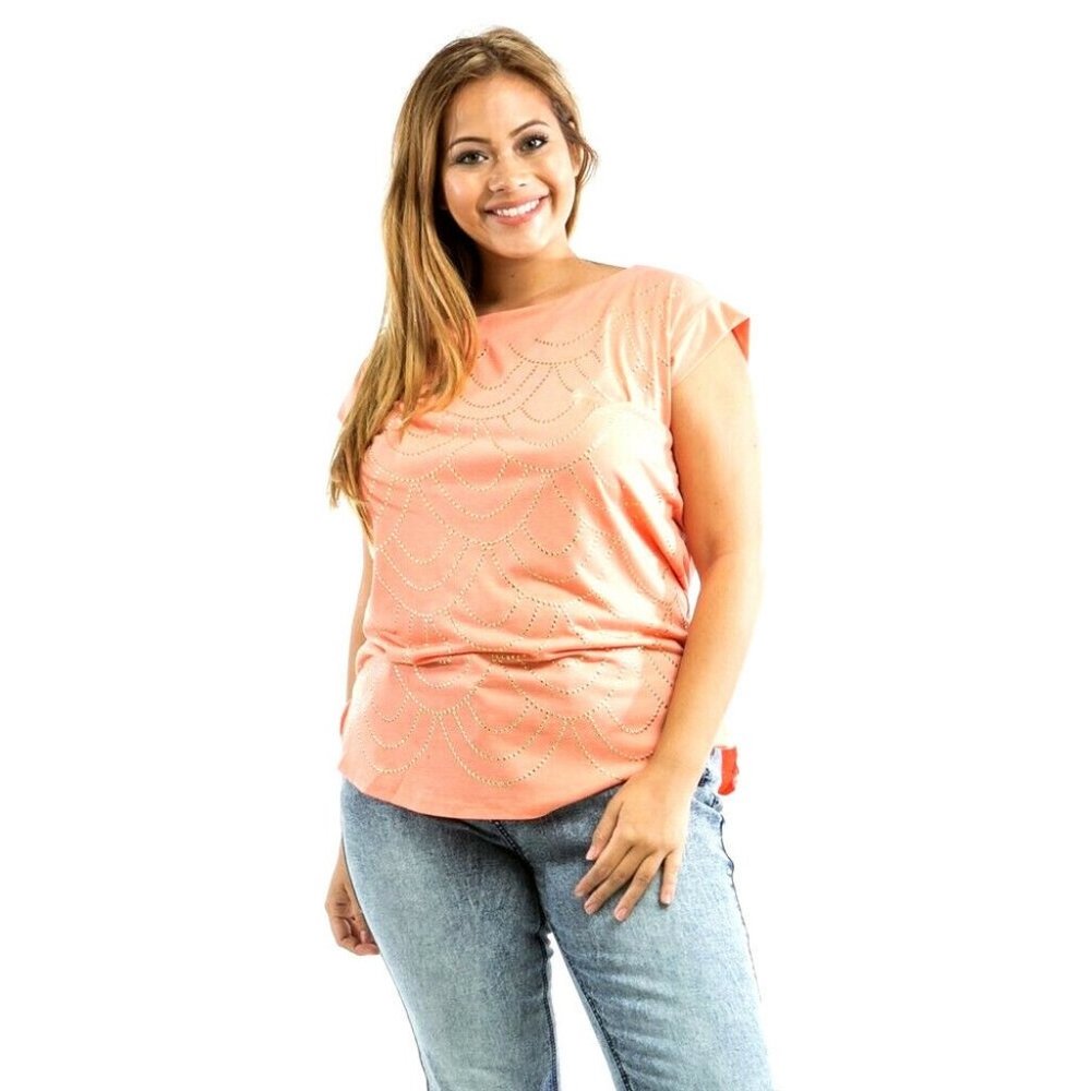 Roman Womens Knit Top Boat Neck Studded Sleeveless Peach Plus Size 2X NWT